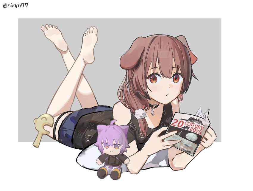 Hololive、戌神沁音、戌神沁音 (家居服) 1名女孩 兽耳 手臂支撑 作者名 露肩