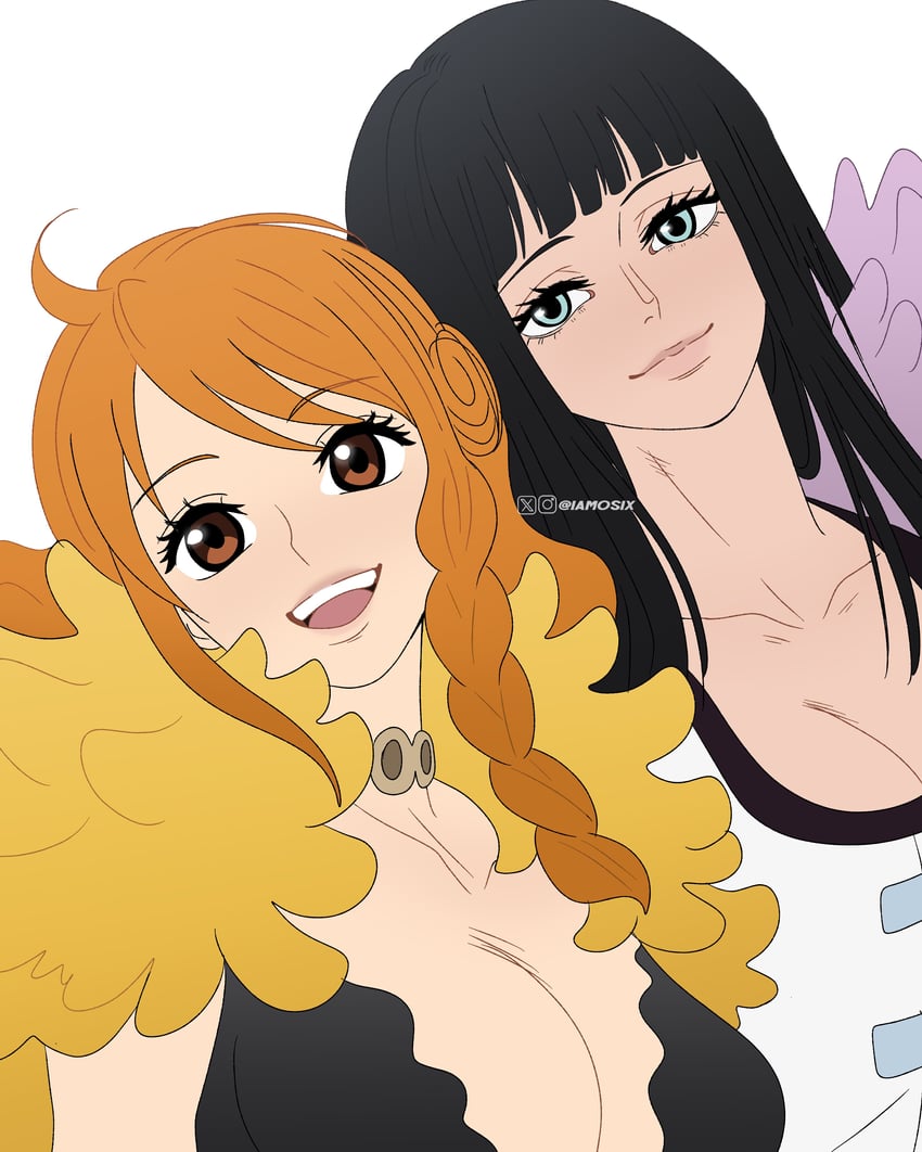 海贼王、娜美 (海贼王)、妮可·罗宾 2名女孩 黑发 齐刘海 辫子 乳房