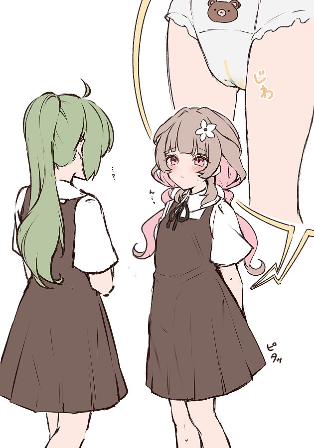 原创 2名女孩 问号 动物花纹 熊印花 黑色丝带