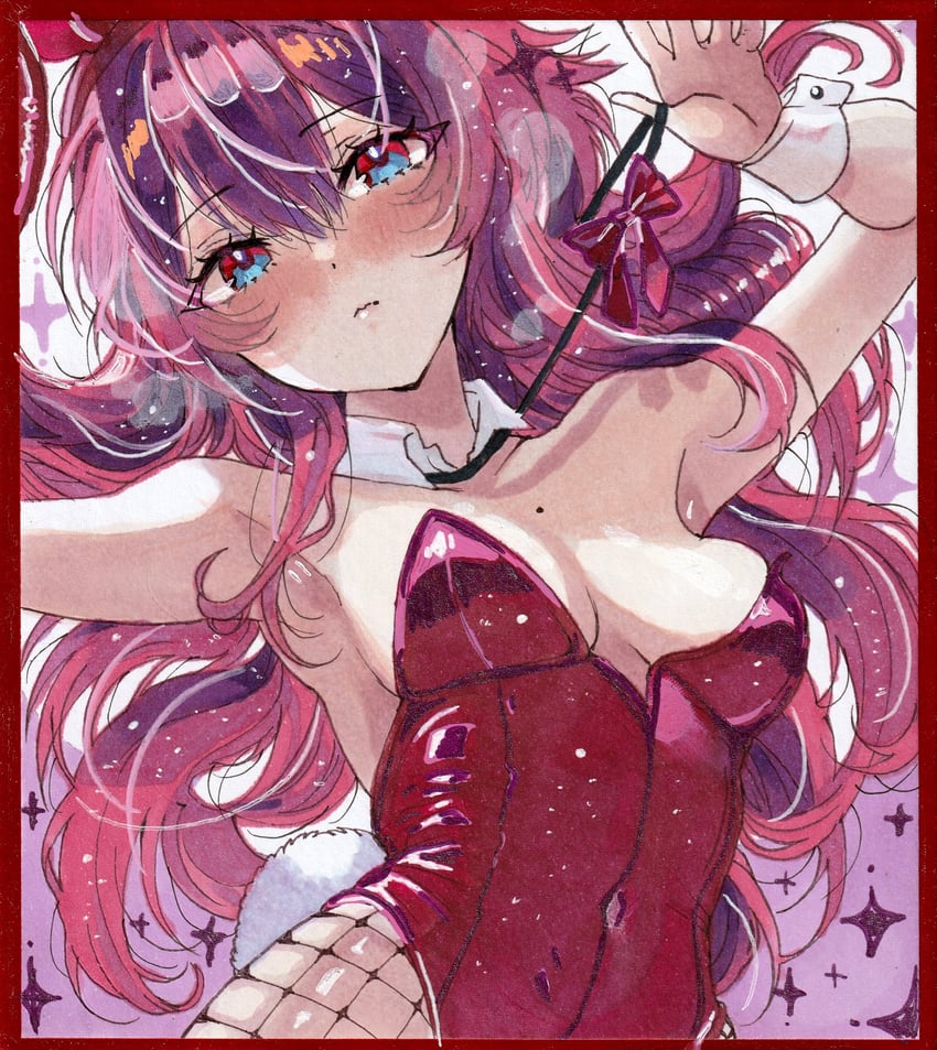 二次元插画 1名女孩 兽耳 蓝眼 边框 乳房