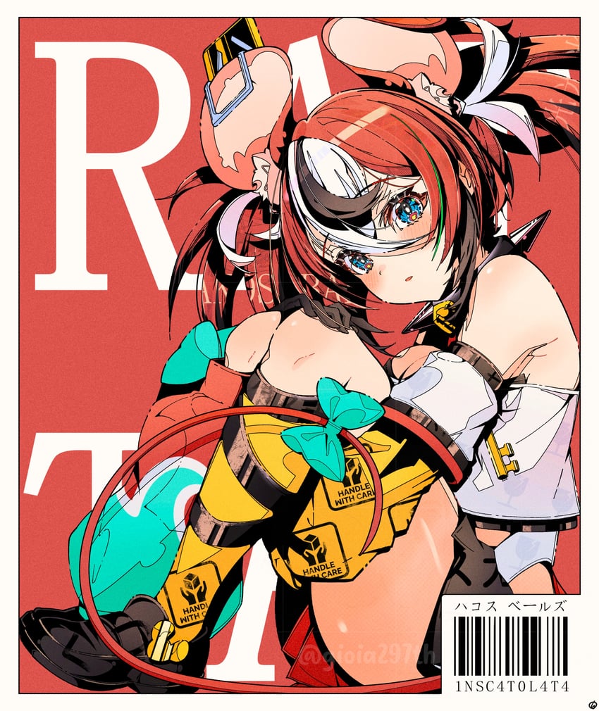 Hololive、Hololive英语、哈可斯·贝尔兹 1名女孩 兽耳 水蓝色蝴蝶结 水色袖套 不对称腿部穿着