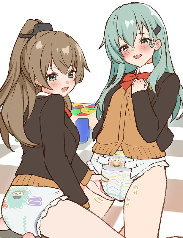 舰队Collection、芝麻街、艾摩 2名女孩 水色发 西装外套 脸红 蝴蝶结