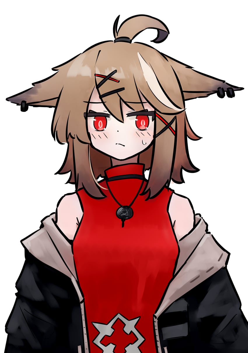 明日方舟、刻刀 (明日方舟) 1名女孩 兽耳穿孔 兽耳 露肩 黑色夹克