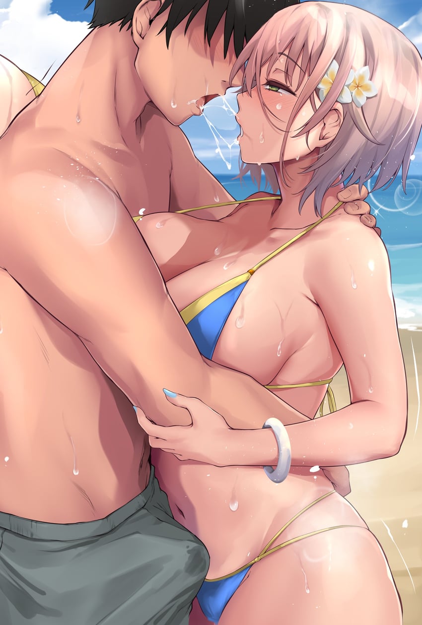 二次元插画 1名男孩 1名女孩 海滩 比基尼 黑发