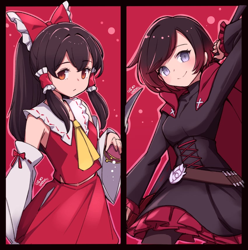 RWBY、东方Project、博丽灵梦 2名女孩 露肩 黑框 黑色连衣裙 边框