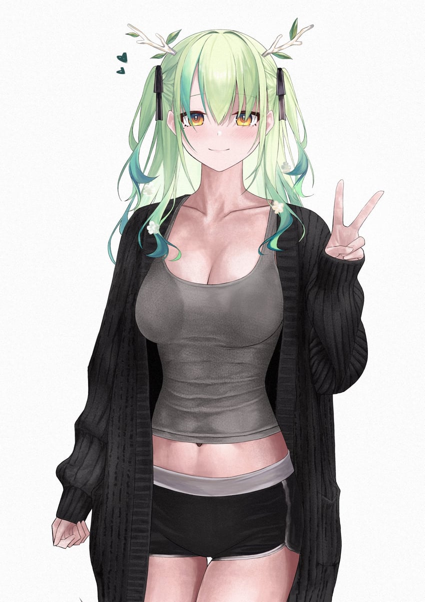 Hololive、Hololive英语、希瑞斯·法那 1名女孩 黑色针织衫 黑色短裤 乳房 开襟衫