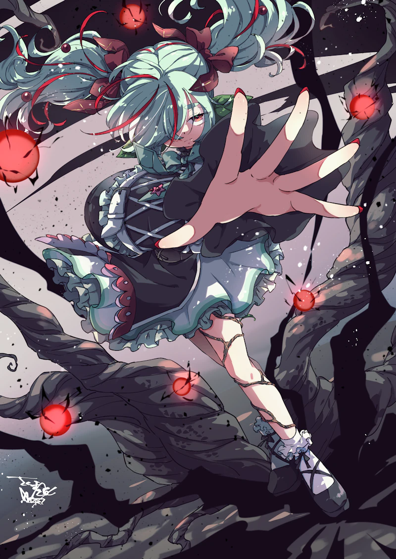 原创 1名女孩 呆毛 黑色连衣裙 黑鞋 蝴蝶结