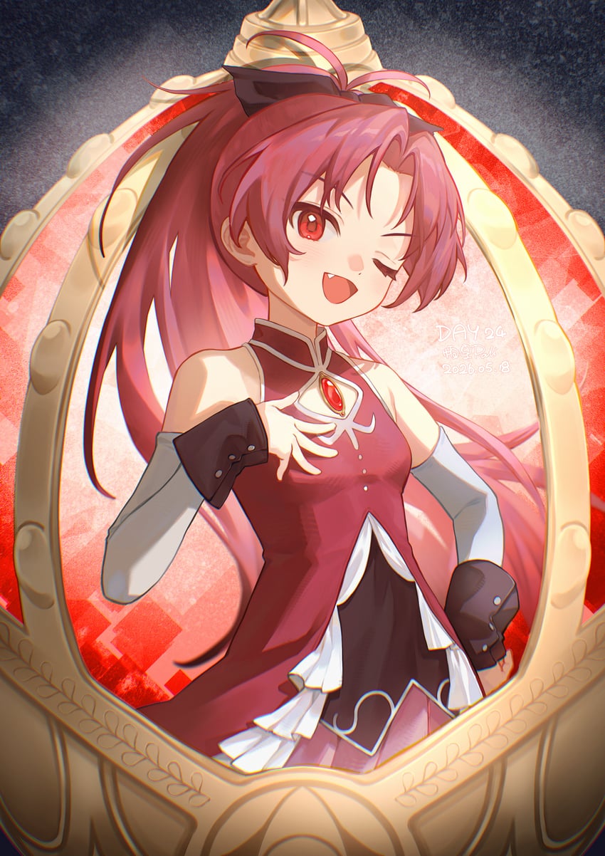 魔法少女小圆、魔法少女小圆、佐仓杏子 1名女孩 :D 微笑 呆毛 黑色蝴蝶结