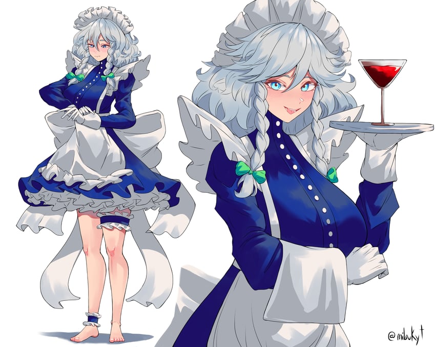 东方Project、十六夜咲夜 1名女孩 酒 围裙 赤脚 蓝色脚链