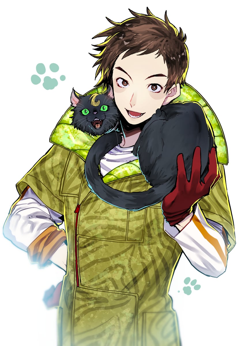 古诺希亚、奇皮 (古诺希亚) 1名男孩 颈部的动物 动物花纹 黑猫 棕眼睛