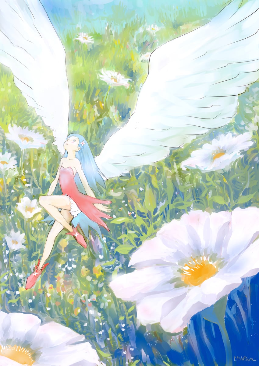原创 1名女孩 露肩 灯笼裤 蓝眼 蓝发