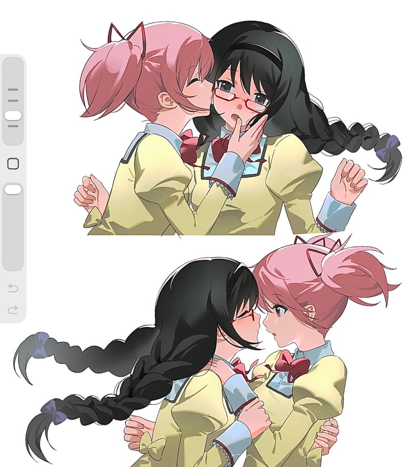 魔法少女小圆、晓美焰、鹿目圆 2名女孩 画框中的绘图软件 黑瞳 黑色发带 脸红