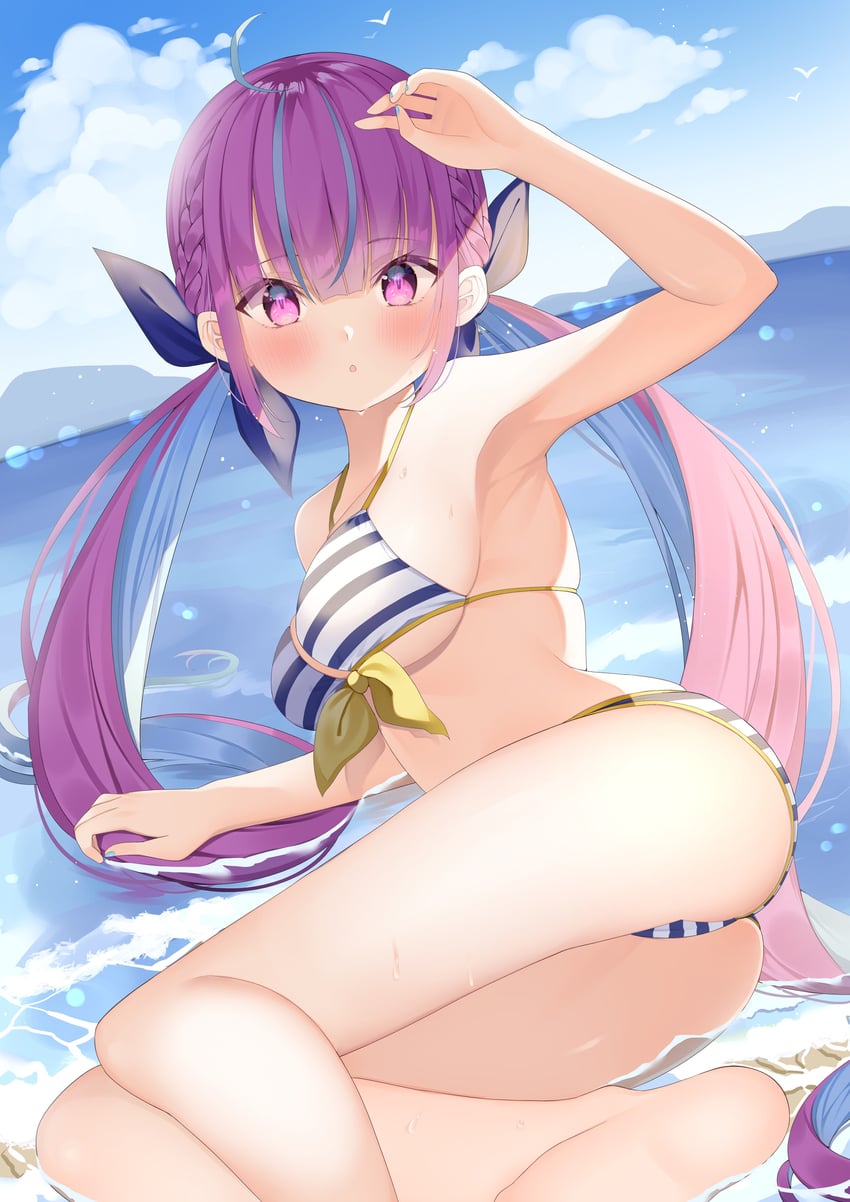 Hololive、凑阿库娅 1名女孩 惊讶 举手 屁股 海滩