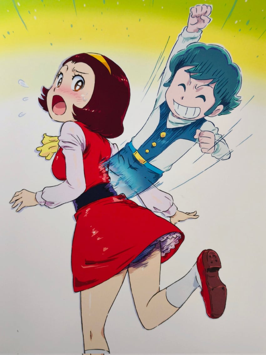 ojama yuurei-kun、yamano kodama (ojama yuurei-kun)、yuuki reijirou 1名男孩 1名女孩 微笑 举手 阿斯科特领巾
