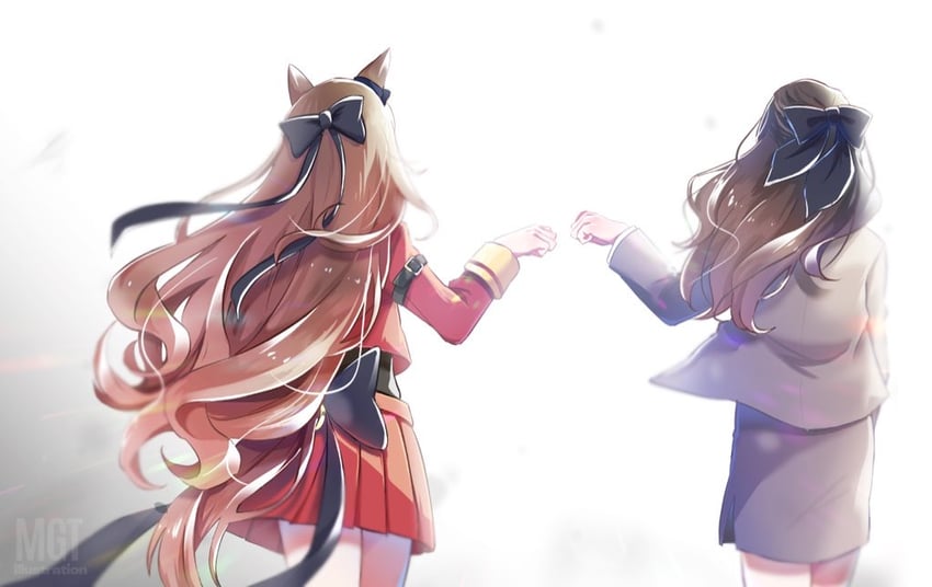 赛马娘、女性训练员 (赛马娘)、丸善斯基 (Formula R) (赛马娘) 2名女孩 兽耳 黑色蝴蝶结 蓝色蝴蝶结 蝴蝶结
