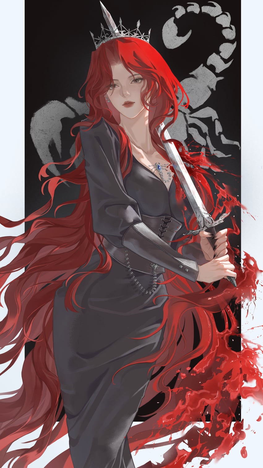 二次元插画 1名女孩 黑色紧身胸衣 黑色连衣裙 黑色指甲 血