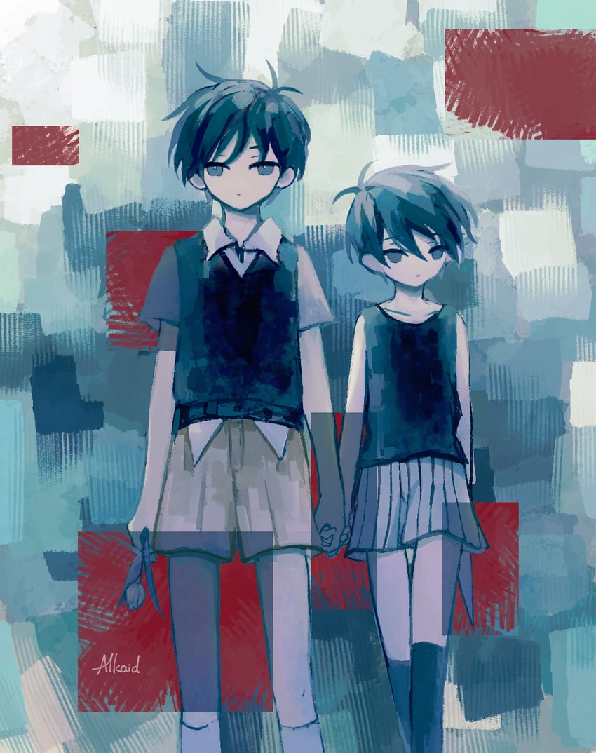 OMORI、Omori (OMORI)、Sunny (OMORI) 2个男孩 呆毛 黑瞳 黑发 黑色短裤