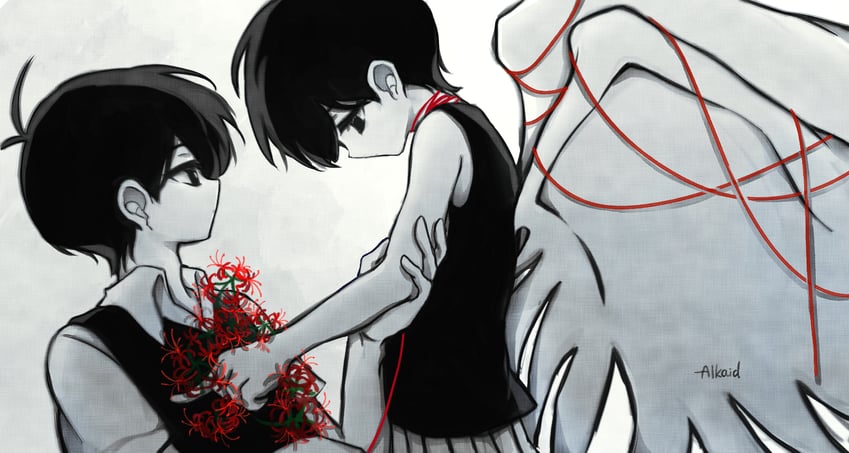 OMORI、Omori (OMORI)、Sunny (OMORI) 2个男孩 天使翅膀 呆毛 黑瞳 黑发