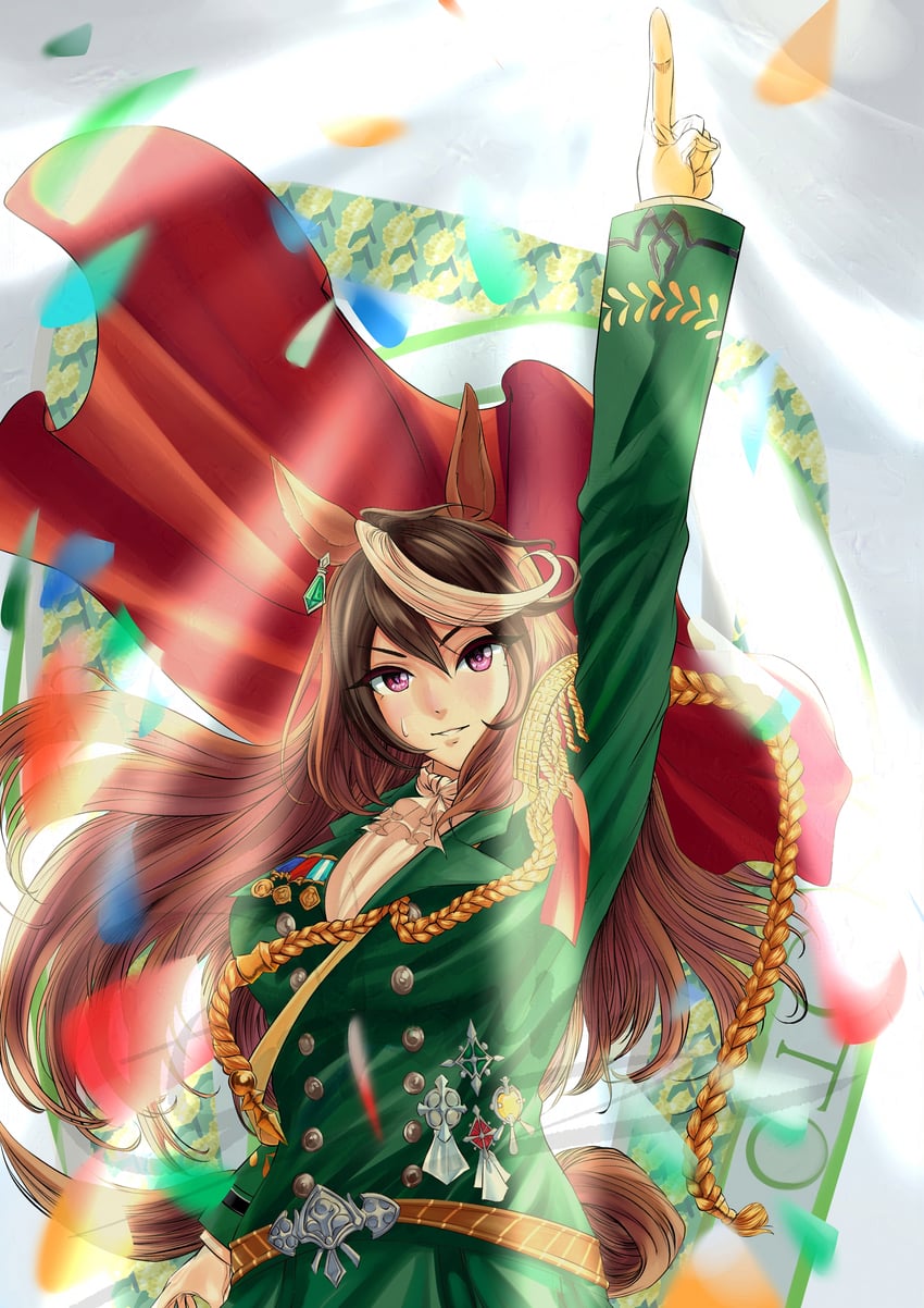 赛马娘、鲁道夫象征 (皇帝之路) (赛马娘)、鲁道夫象征 (赛马娘) 1名女孩 饰绪 兽耳 举手 阿斯科特领巾