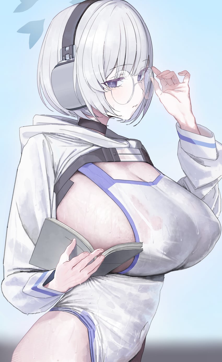 蔚蓝档案、短白发奥德赛学生 (碧蓝档案) 1名女孩 调整眼镜 蓝色背景 书 乳房