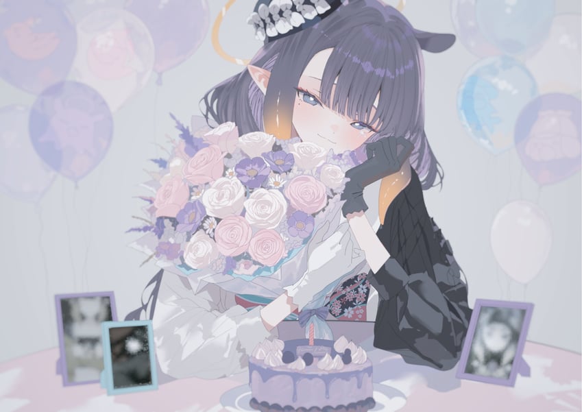 Hololive、Hololive英语、一伊那尔栖 1名女孩 猫脸笑 不对称手套 气球 黑色手套