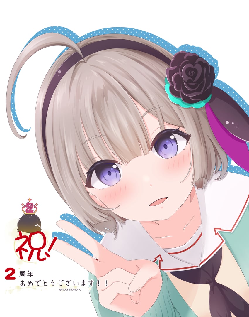 炽焰天穹、水瀬李、七濑七海 (绯染天空) 1名女孩 :D 呆毛 周年纪念 水蓝色开襟衫