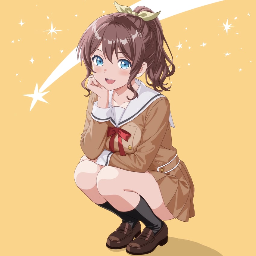 BanG Dream!、山吹沙绫 1名女孩 黑袜 蓝眼 棕色连衣裙 棕发