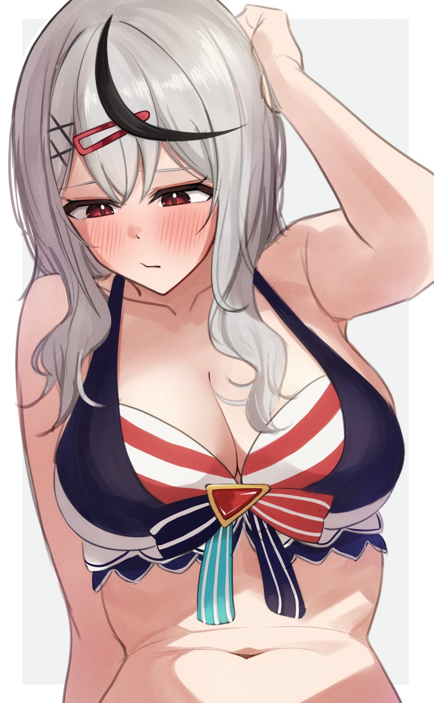 Hololive、沙花叉克萝耶 1名女孩 举手 移开视线 比基尼 黑条纹/黑挑染