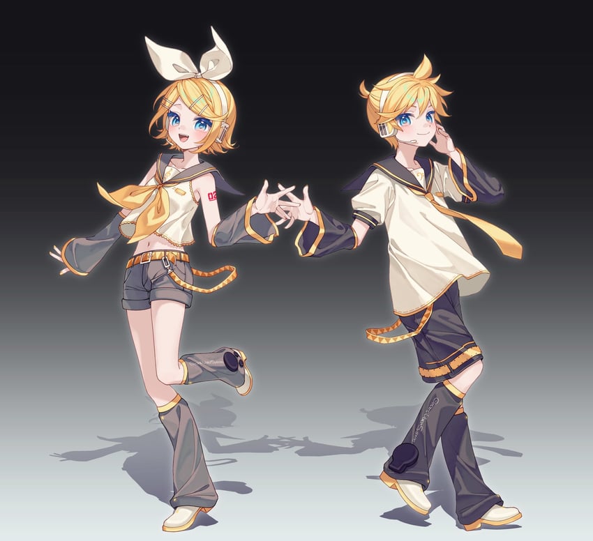 VOCALOID、镜音连、镜音铃 1名男孩 1名女孩 手臂纹身 撩起刘海 低音谱号