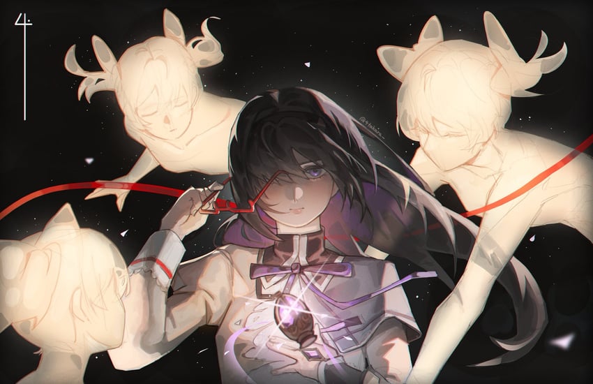 魔法少女小圆、魔法少女小圆、晓美焰 1名女孩 黑色背景 黑发 闭眼 闭嘴