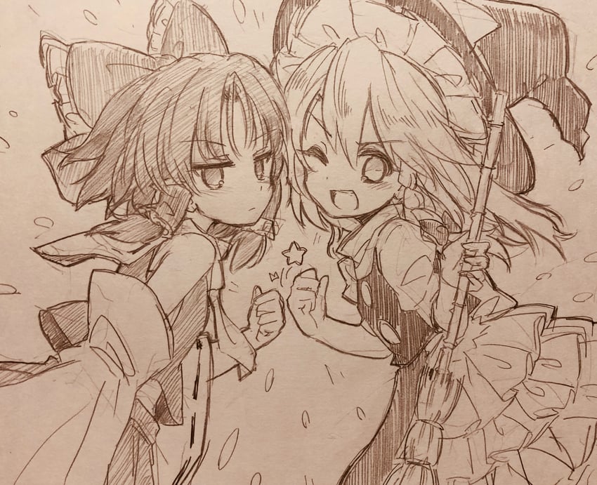 东方Project、博丽灵梦、雾雨魔理沙 2名女孩 :D 微笑 阿斯科特领巾 竹扫帚