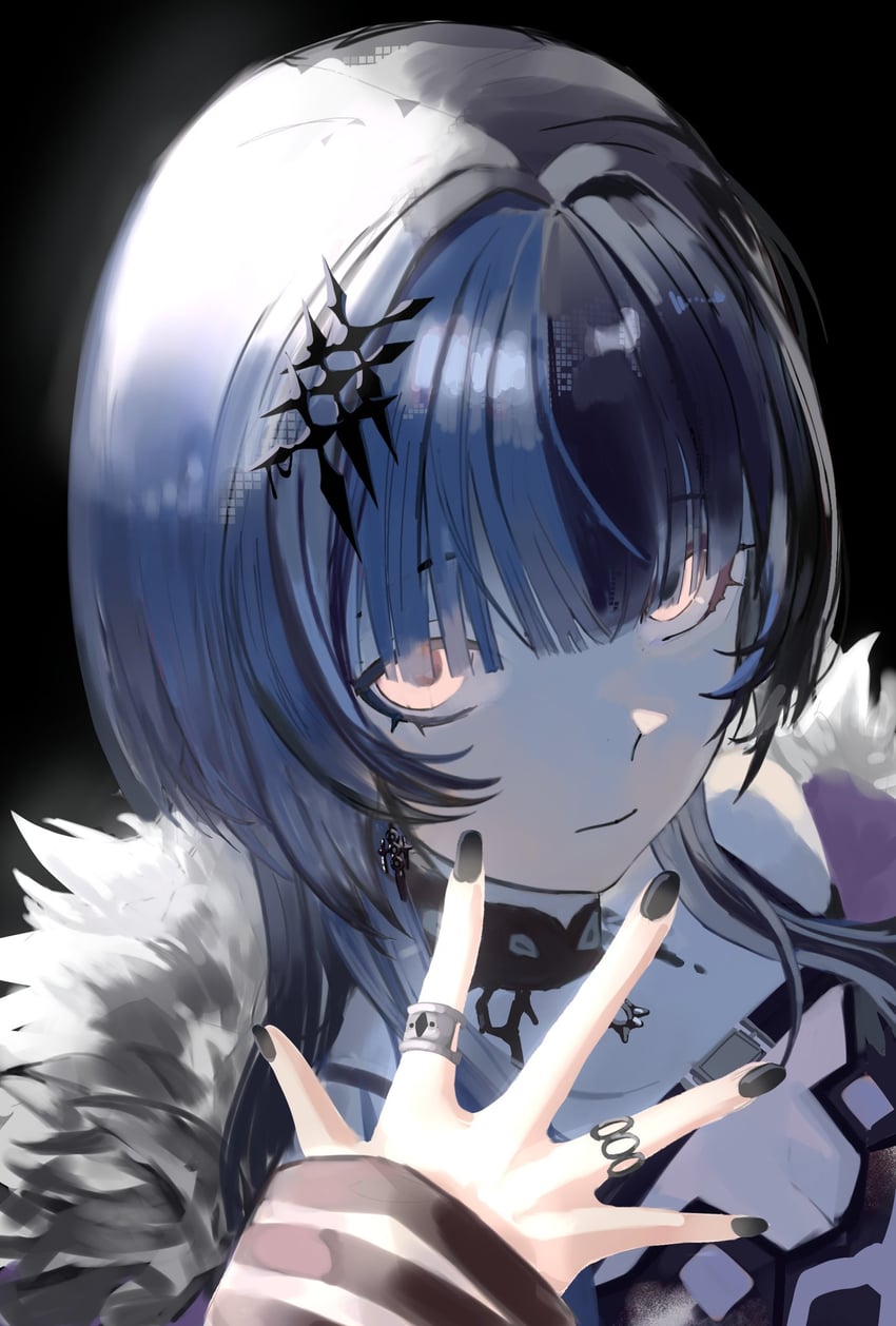 Hololive、Hololive英语、诗织·诺维拉 1名女孩 黑色背景 黑色项圈 黑色连衣裙 黑发