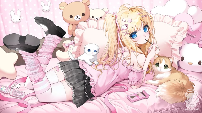 原创 1名女孩 创可贴 露肩 黑色裙子 金发