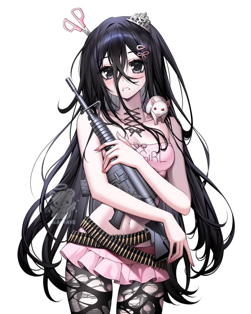 原创 1名女孩 弹药带 突击步枪 裸臂 露肩