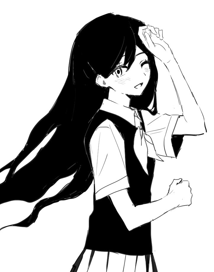 OMORI、Mari (Omori)、Mari (Omori) 1名女孩 举手 脸红 有领衬衫 双分刘海