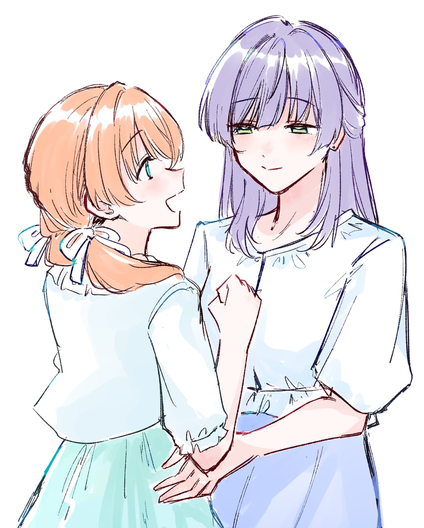 Love Live!、Love Live! 莲之空女学院学园偶像部、日野下花帆 2名女孩 水色瞳 水蓝色裙子 蓝裙子 樱桃色花束