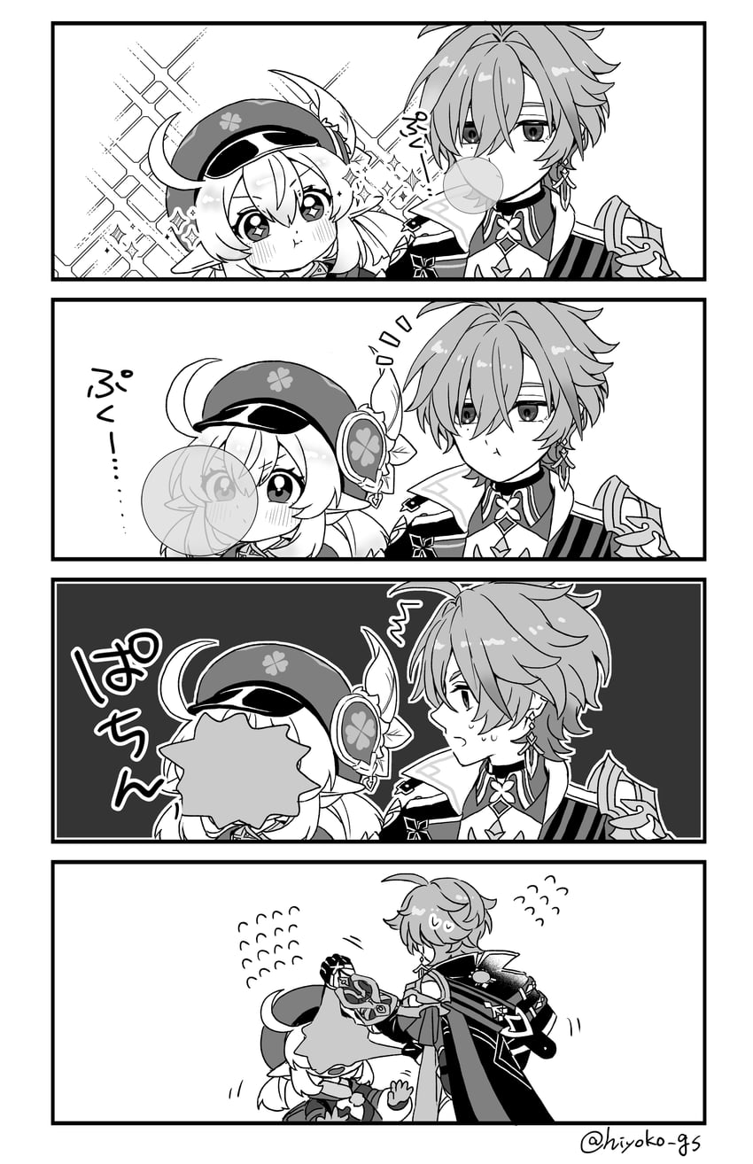 原神、可莉 (原神)、罗恩（原神） 1名男孩 1名女孩 四格漫画 :t 呆毛