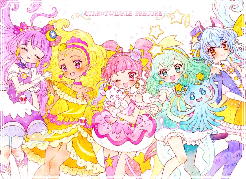 光之美少女、Star☆Twinkle 光之美少女、天宫艾莲娜 5名女孩 水色发 金发 蓝发 靴子