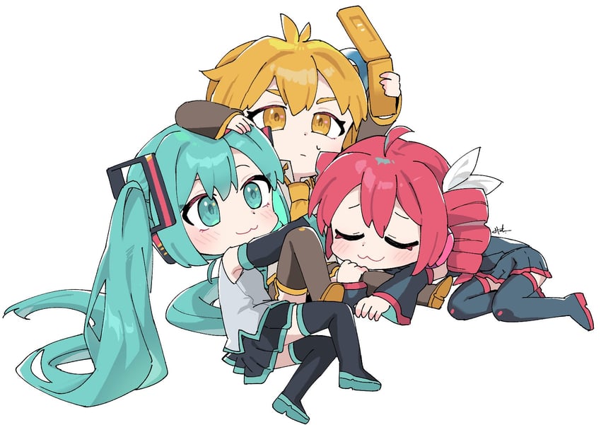 UTAU、VOCALOID、亚北音留 3人女子 猫脸笑 呆毛 呆毛 水色瞳