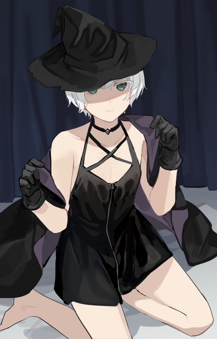 原创、白发男孩 (sunaba_(nczd5875)) 1名男孩 腋窝褶皱 赤脚 床单 黑色连衣裙