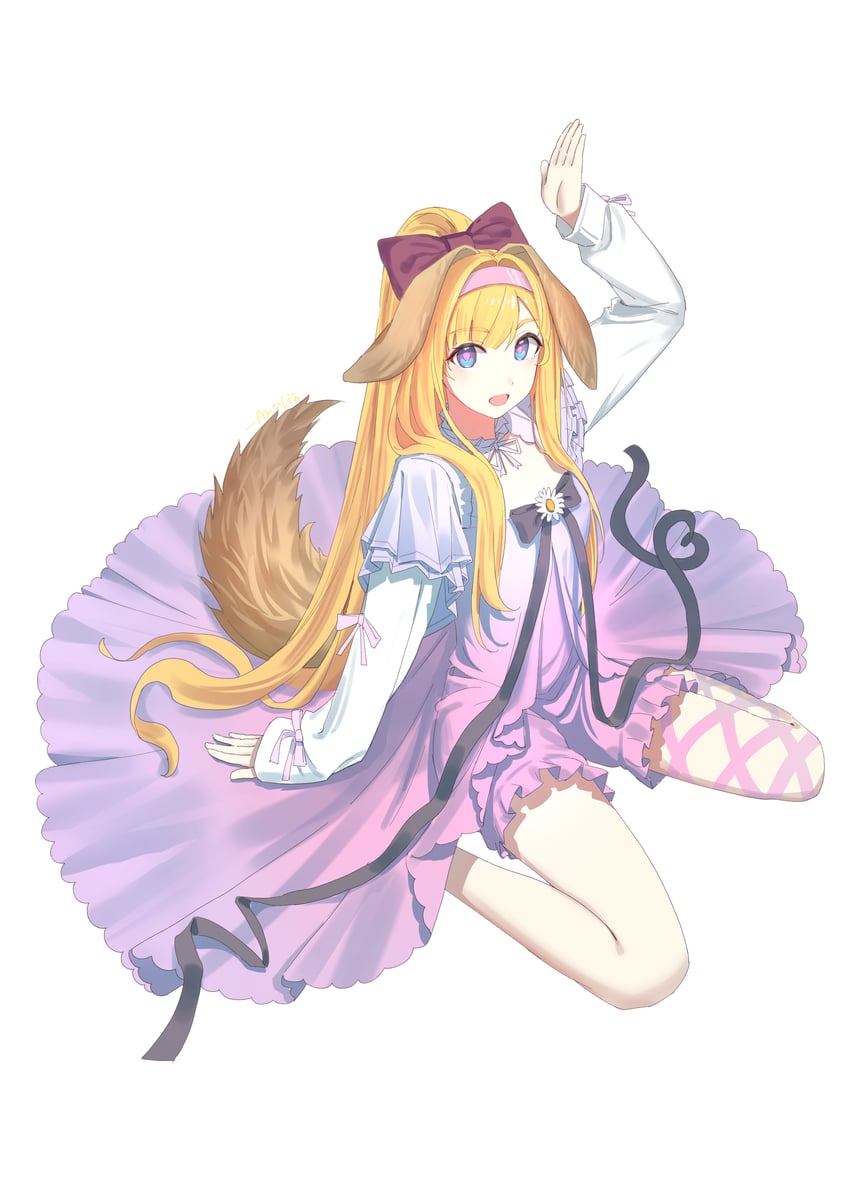 明日方舟、布里吉德 (明日方舟)、brigid (bedtime story) (arknights) 1名女孩 :D 兽耳 举手 金发