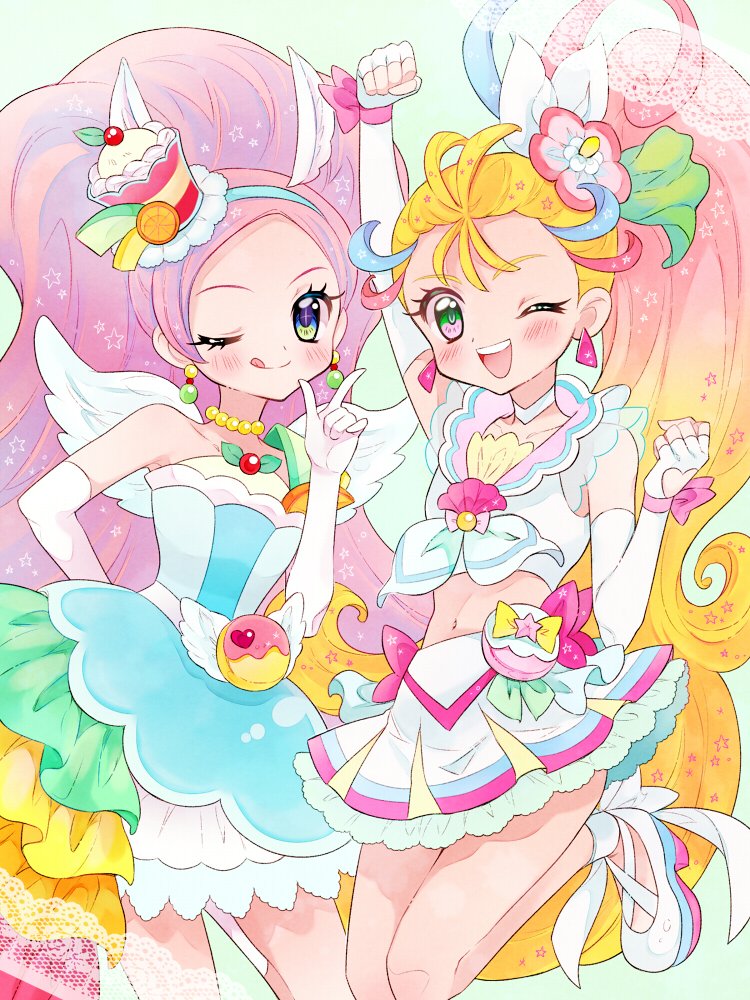 琪拉琪拉☆光之美少女 A La Mode、光之美少女、热带妆容！光之美少女 2名女孩 兽耳 水蓝色连衣裙 举手 金发