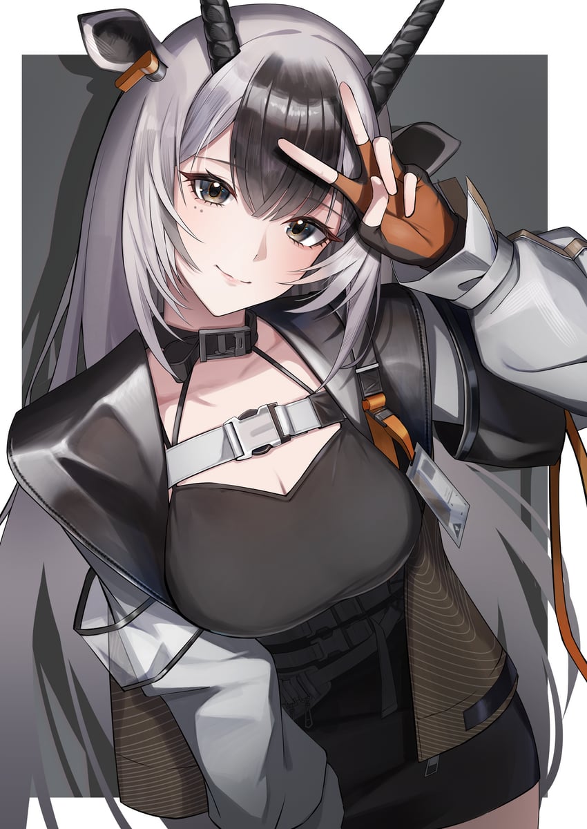 明日方舟、哈迪亚 (明日方舟) 1名女孩 兽耳 黑色背景 黑瞳 黑色手套