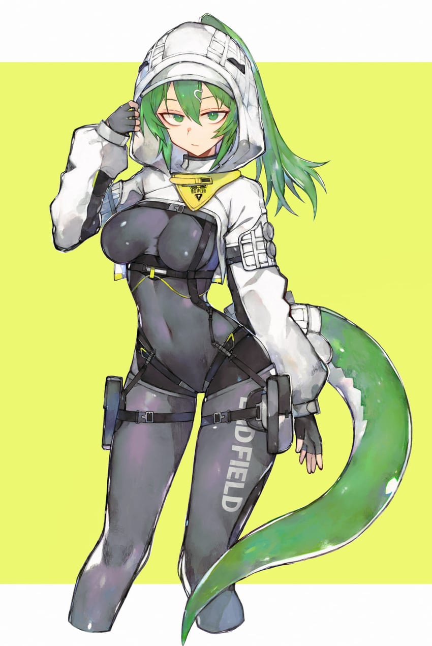 明日方舟、明日方舟：终末地、萤石(明日方舟) 1名女孩 黑色连体衣 黑色手套 紧身连体衣 边框