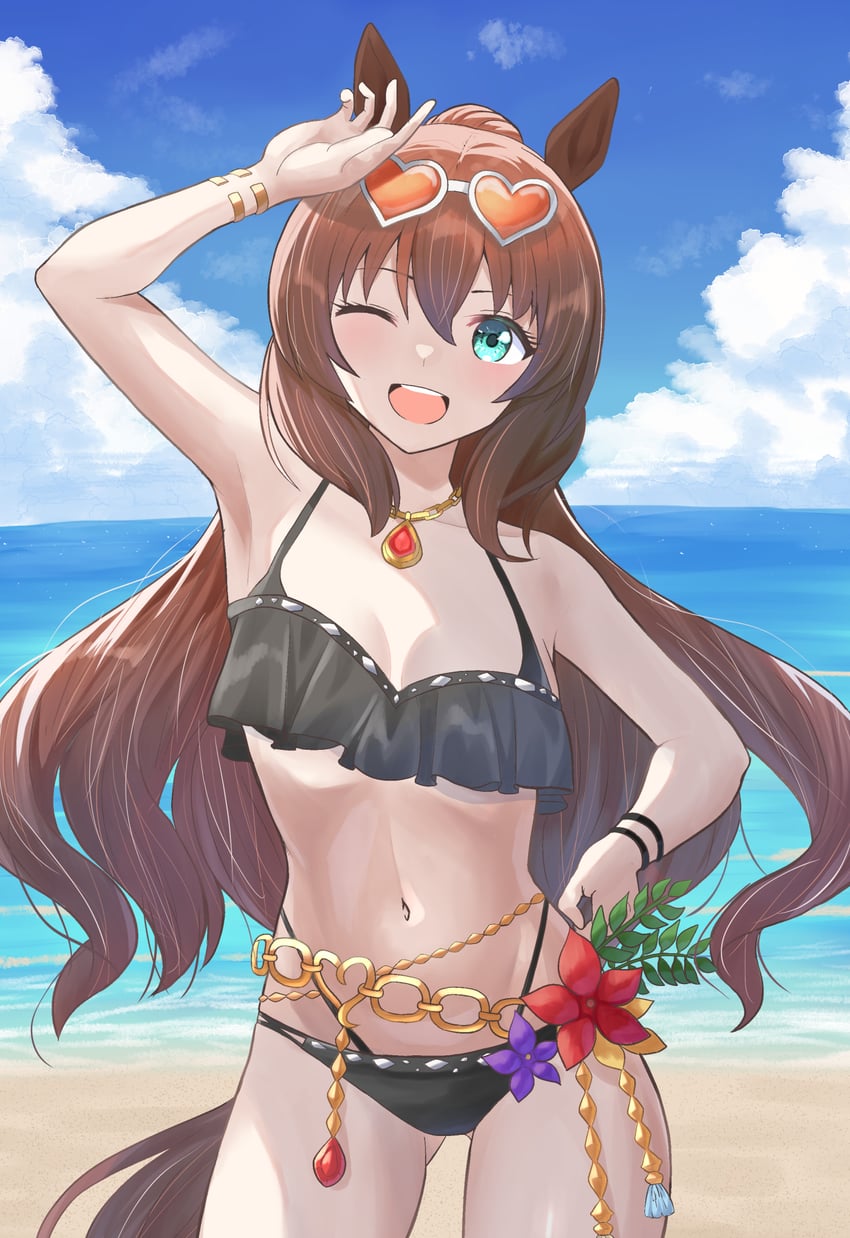 赛马娘、丸善斯基 (炎夏之夜) (赛马娘)、丸善斯基 (赛马娘) 1名女孩 兽耳 露肩 海滩 比基尼