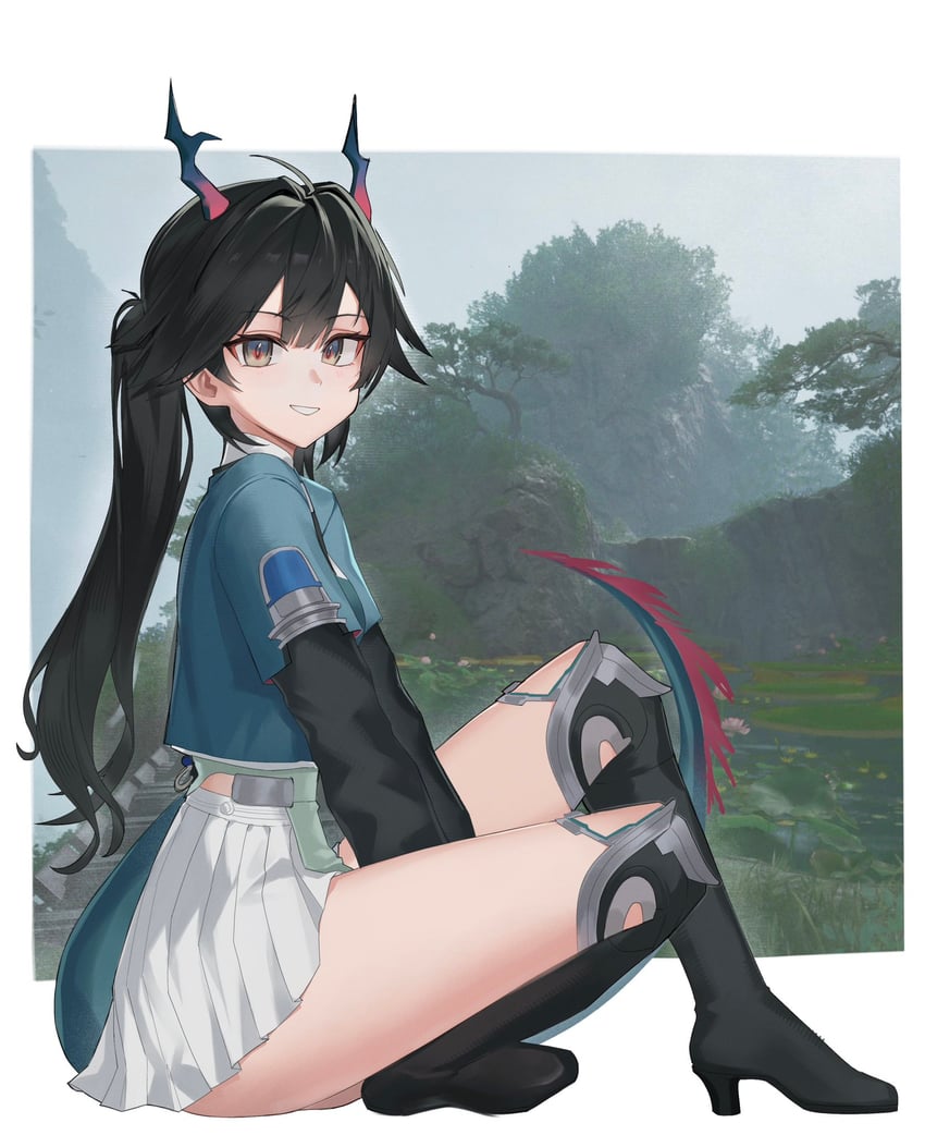 明日方舟、明日方舟：终末地、陈千语 (明日方舟) 1名女孩 黑色靴子 黑发 蓝色衬衫 靴子