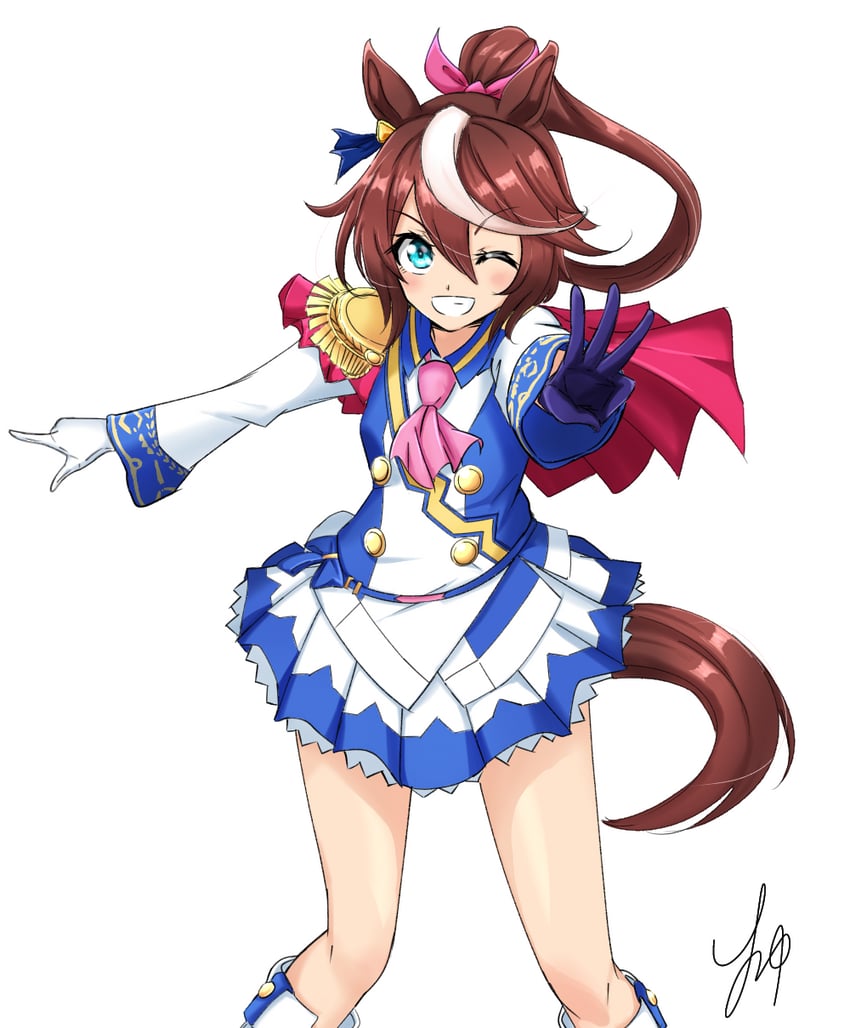 赛马娘、东海帝皇 (巅峰喜悦) (赛马娘)、东海帝王 (赛马娘) 1名女孩 兽耳 阿斯科特领巾 不对称手套 蓝眼