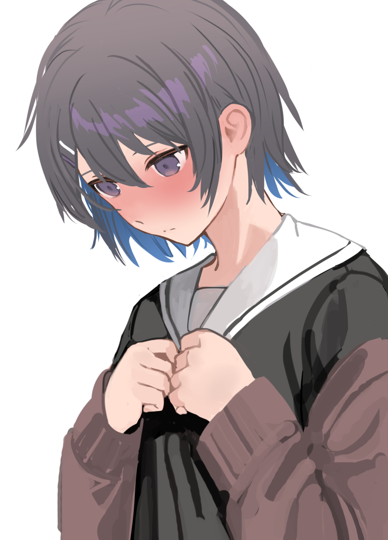 原创、佩戴发夹的男孩 (sunaba_(nczd5875)) 1名男孩 黑衬衫 蓝发 脸红 棕色开襟衫