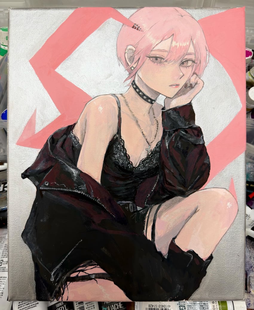 原创 1名女孩 腋窝褶皱 露肩 黑色靴子 黑吊带背心