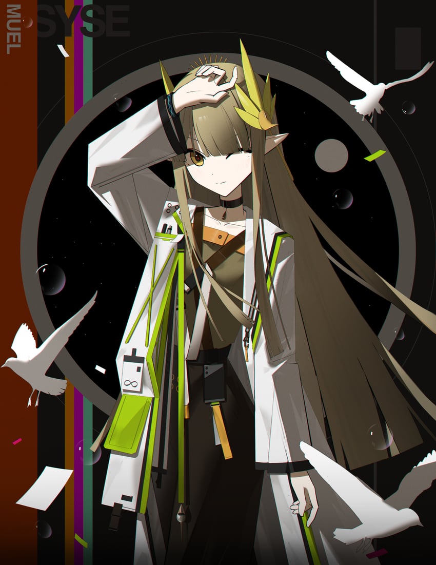 明日方舟、缪尔赛思 (明日方舟) 1名女孩 动物 举手 鸟 黑色背景
